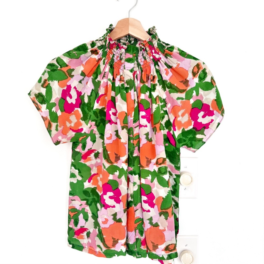 Rungolee || Katarina Silk Blouse High Neck Ruffle in Monet Multi Floral Pink M